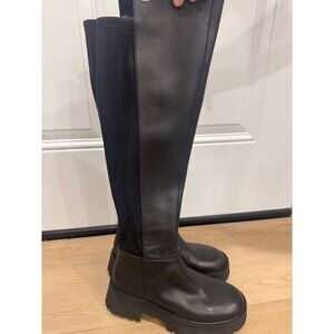 Michael Kors Black Leather/Textile Knee-High Boots With Rubber Sole Womens Size